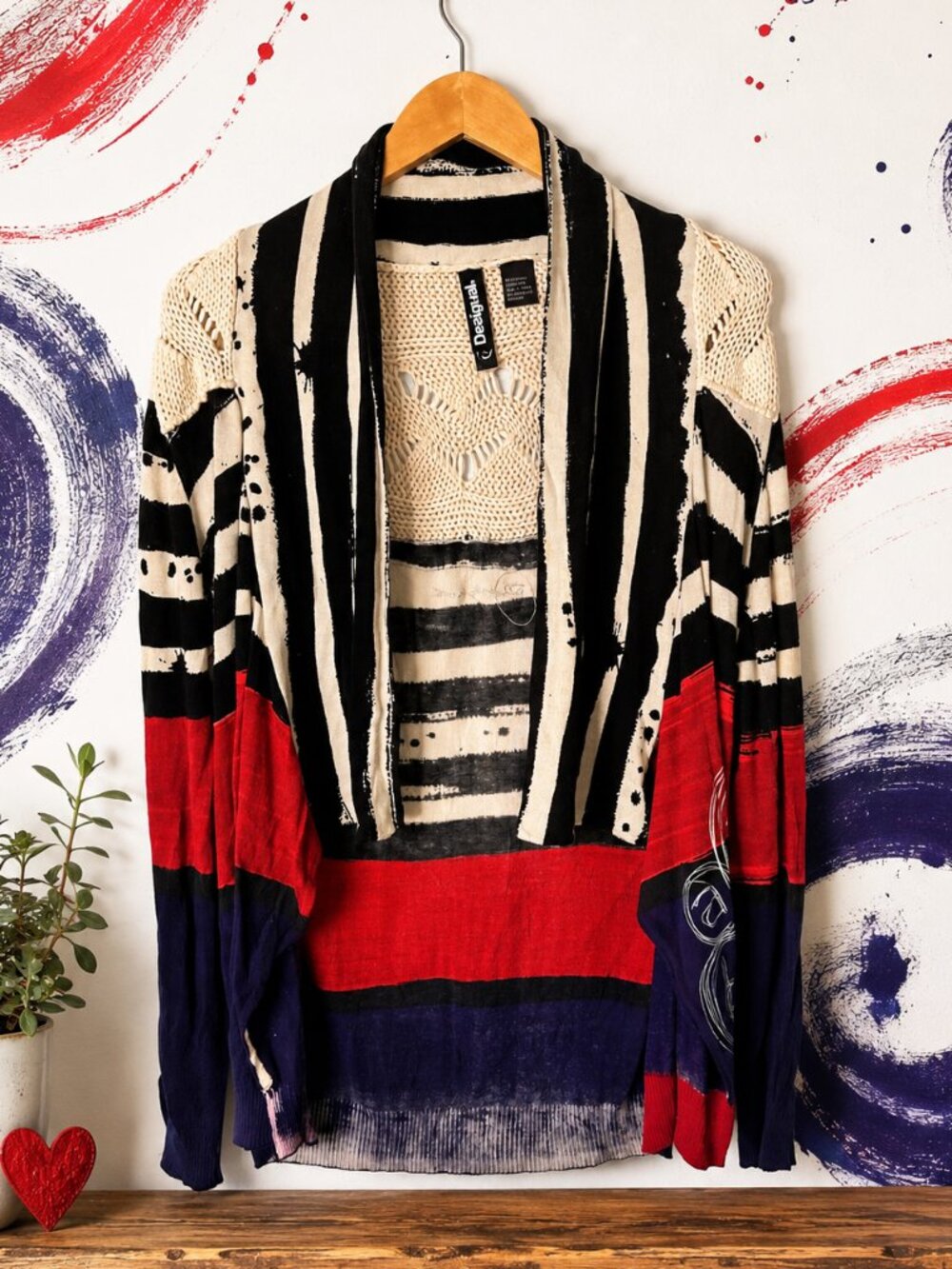 Desigual Varano Fine Knit Waterfall Cardigan Sweater Large Black Red White